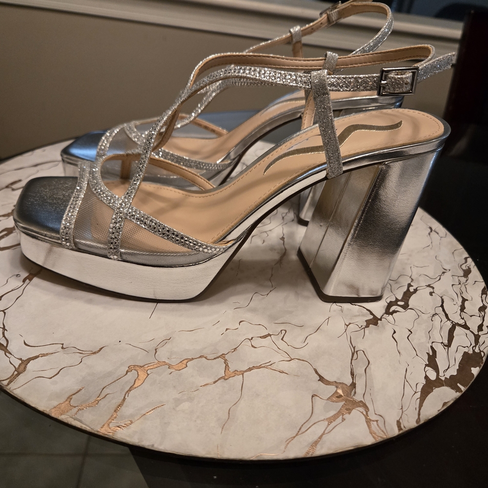 Nina Silver Strappy Heels with Rhinestones - Picture 2 of 6